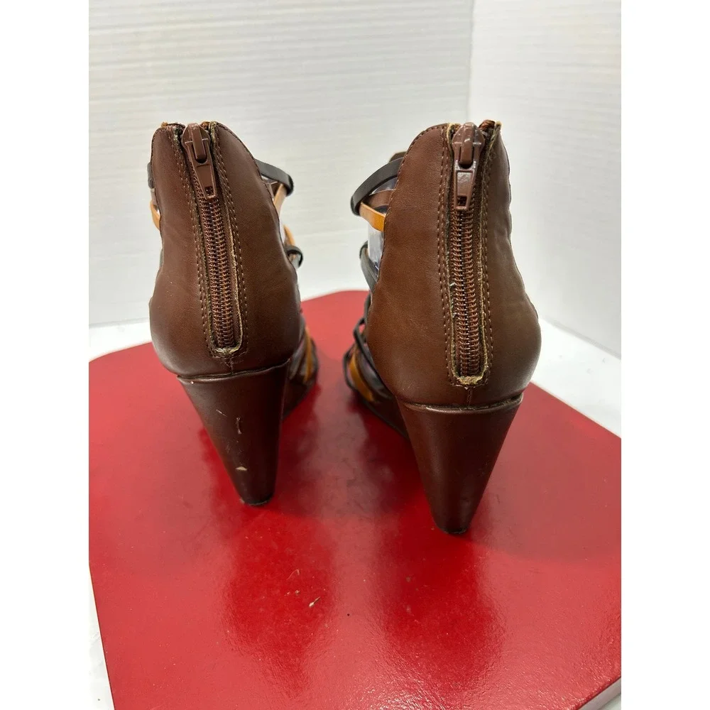 MIA Strappy Gladiator Wedge 8 Brown Multi Cage Zip Back Boho Festival Summer